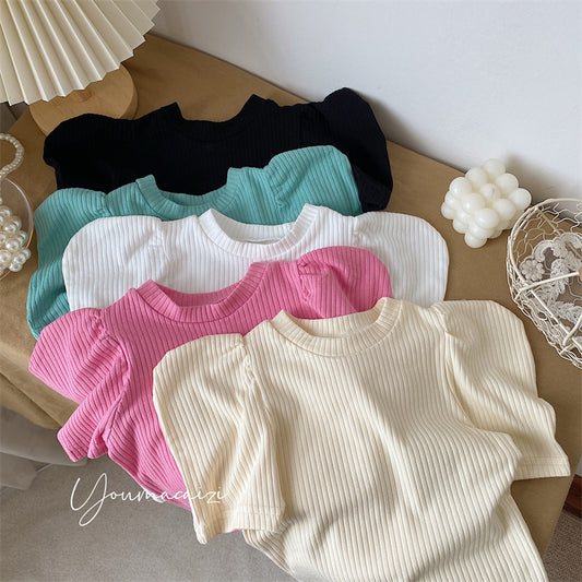 Kids Girls Basic Solid Color Puff Sleeve Round Neck Pit Stripe T-shirt