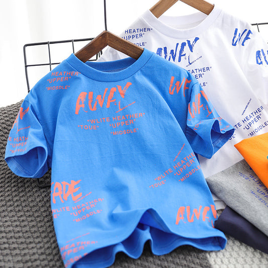 Kids Boys Casual Round Neck Short Sleeve Letter All Over Print Loose T-shirt