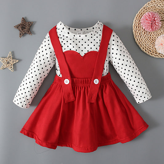 Toddlers Newborn Baby Girls Valentine'S Heart Long Sleeve T-Shirt And Strap Skirt 2pcs Set