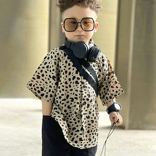 Boy Fashion Casual Leopard Lapel Short-Sleeve Blouse