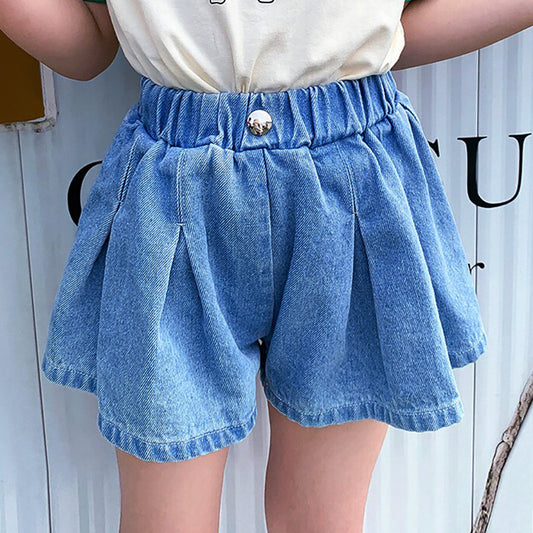 Girls Casual Solid Color Pleated Denim Shorts