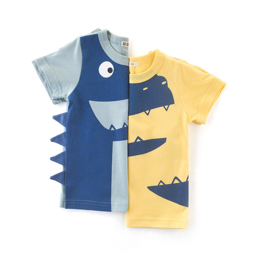 Boys Basic Cartoon Dinosaur Round Neck Short-sleeved T-shirt