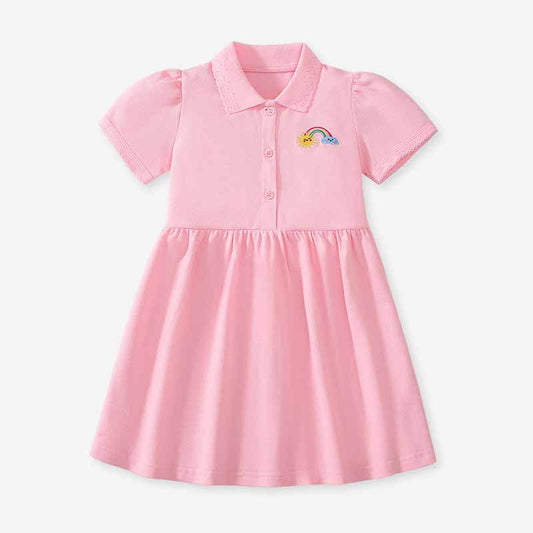 Kids Toddler Girls Summer Casual Cute Embroidery Rainbow Short Sleeve Lapel Dress