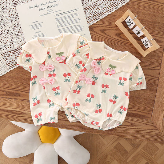 Kids Baby Girls Cute Bow Print Short Sleeve Romper
