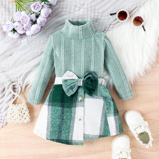 Autumn And Winter Girls Fashion Solid Color High Collar Long Sleeve Sweater Plaid Bow Skirt Two-Piece Set