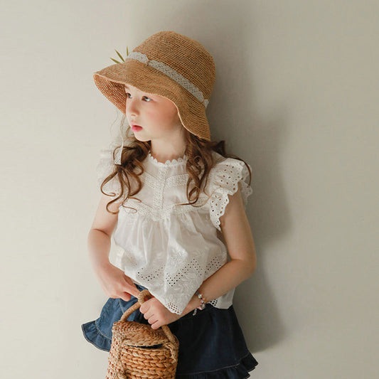 Children Kids Baby Fashion Girls Ruffle Sleeve Solid Color Hollow T-Shirt