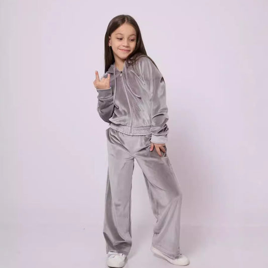 Autumn And Winter Toddler Girls Sports Velvet Zipper Hoodie Pants Casual Two-Piece Set
