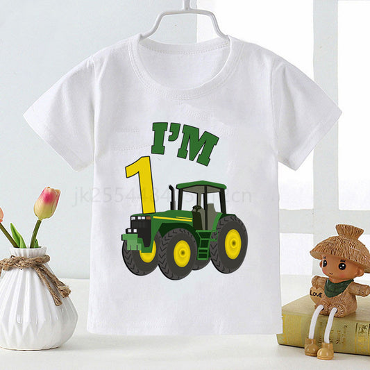Kids Casual Cartoon Engineering Vehicle Birthday Number Pattern Round Neck Short Sleeve Loose T-shirt
