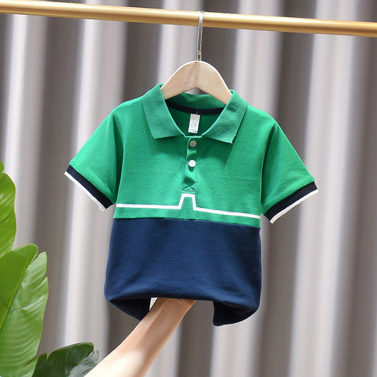 Kids Boys Basic Color Blocking Lapel Short Sleeve T-shirt