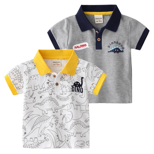 Kids Boys Cute Cartoon Dinosaur Pattern Lapel Short Sleeve T-shirt