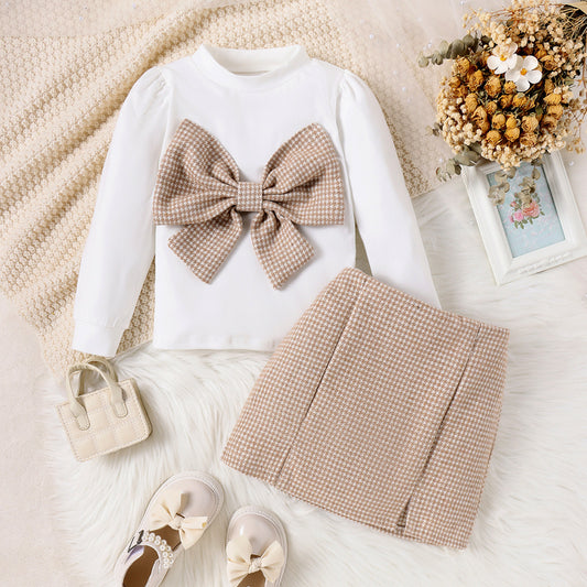Autumn And Winter Girls' Fashion Bow Top And Skirt Two-Piece Set