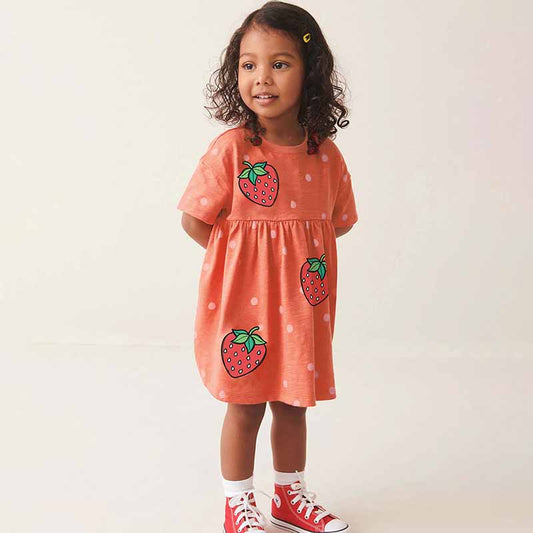 Kids Toddler Girls Summer Casual Cute Strawberry Print Short Sleeve Dress