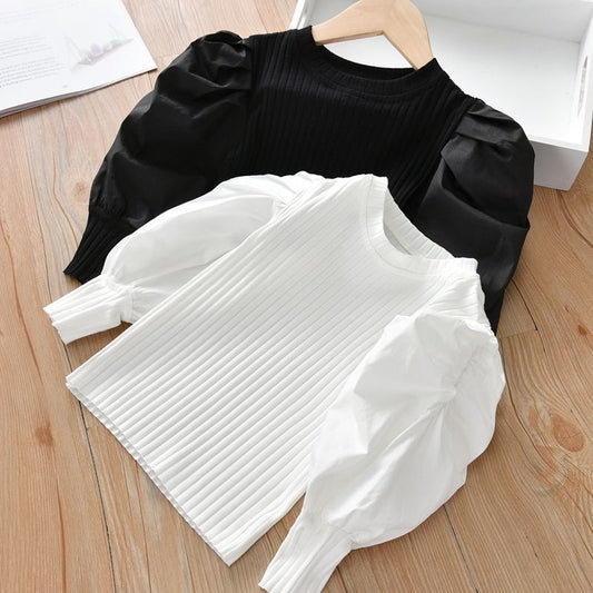 Kids Toddler Girls Fashion Casual Solid Color Rib-Knit Puff Sleeve T-Shirt