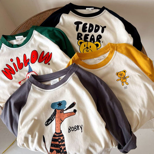 Kids Boys Casual Cute Cartoon Animal Letter Pattern Round Neck Long Sleeve Soft Cotton T-shirt