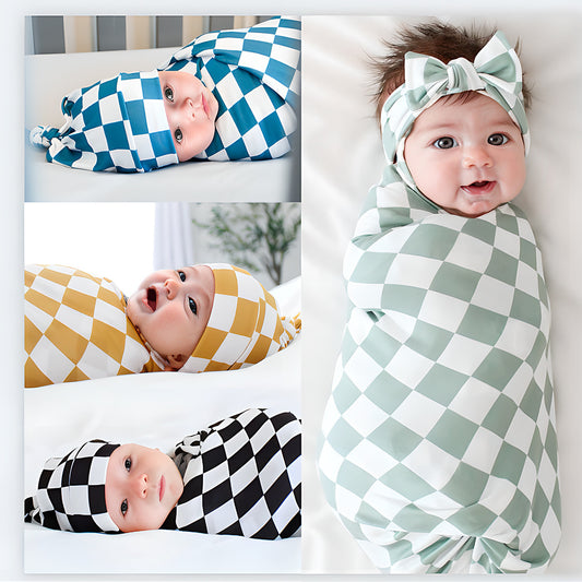 Three-Piece Newborn Wrap Towel Classic Plaid Printed Swaddle