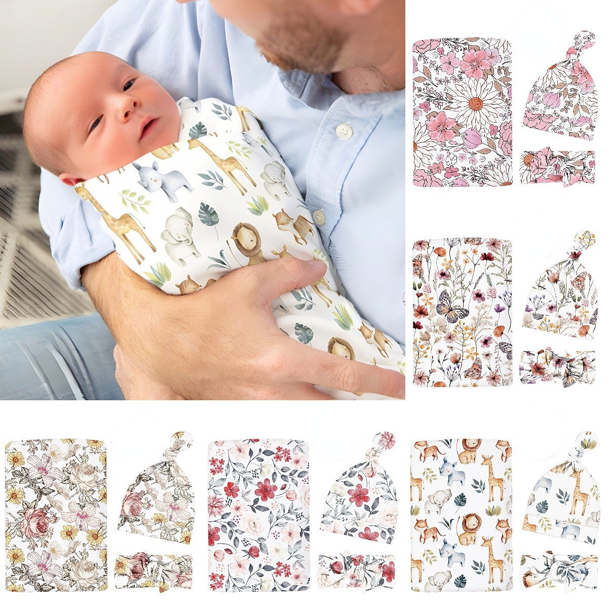 Baby Watercolor Style Printed Swaddle Headband Cap Three-Piece Set