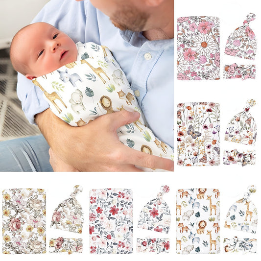 Baby Watercolor Style Printed Swaddle Headband Cap Three-Piece Set