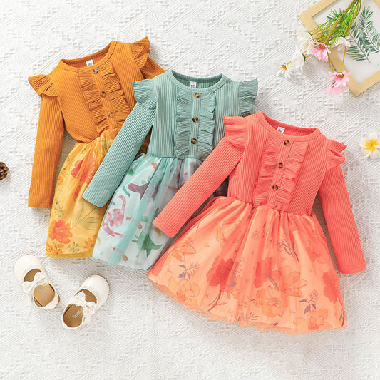 Toddlers Newborn Baby Girls Striped Long-Sleeved Stitching Mesh Dress