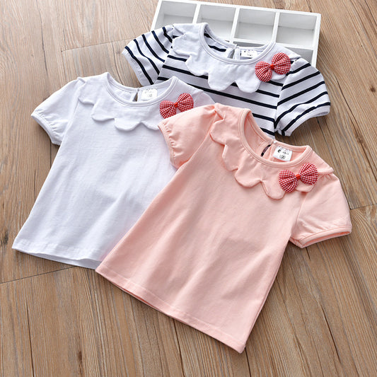 Kids Girls Basic Doll Collar Solid Color Short Sleeve Bow Decor T-shirt
