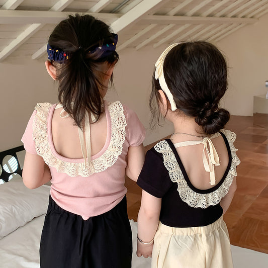 Children Kids Toddlers Fashion Girls Backless Lace Short Sleeve T-Shirt