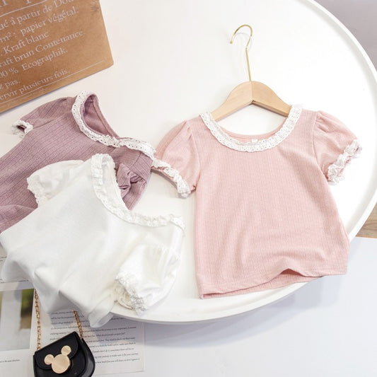Children Kids Toddlers Girls Short Sleeve Lace T-Shirt