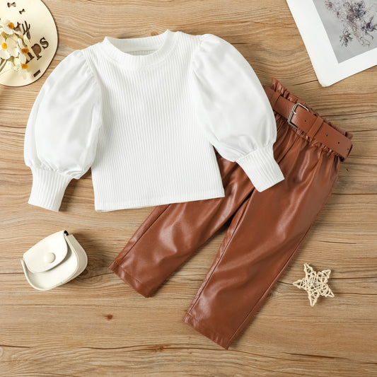 Autumn And Winter Girls' Fashion Puff Sleeve Top And Leather Pants Two-Piece Set