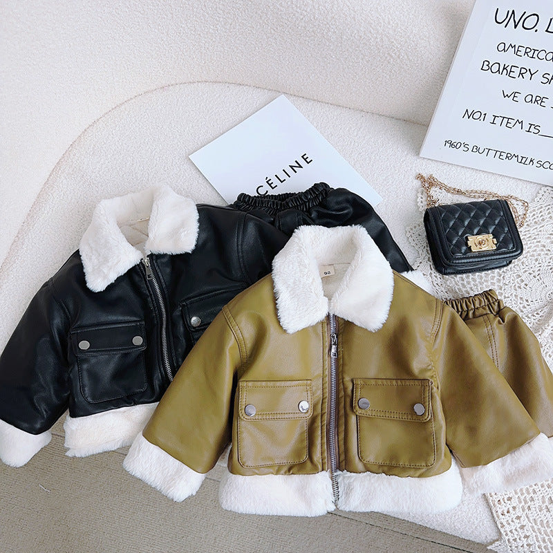Winter Fashion Two-Piece Plush PU Jacket And Skirt Set