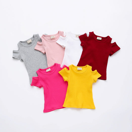 Girls Basic Solid Color Cool-shoulder Round Neck Short Sleeve T-shirt