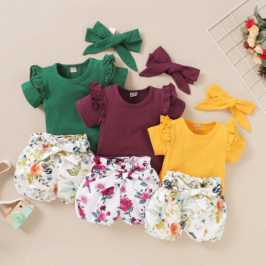 Toddlers Newborn Baby Girls Solid Color Short-Sleeved Top And Flower Shorts Hairband 3pcs Set