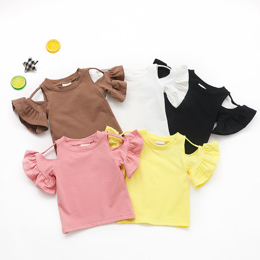 Baby Girls Simple Round Neck Short Sleeve Solid Color Cut Out Ruffled T-shirt