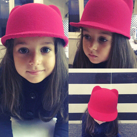 Winter Warm Kids Baby Girls Cat Ears Wool Derby Bowler Cap Solid 3D Ears Vintage Costume Play Brim Hats Cap