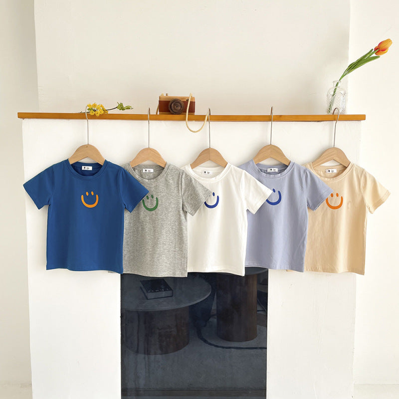 Kids Simple Smile Pattern Round Neck Short Sleeve Loose Casual T-shirt