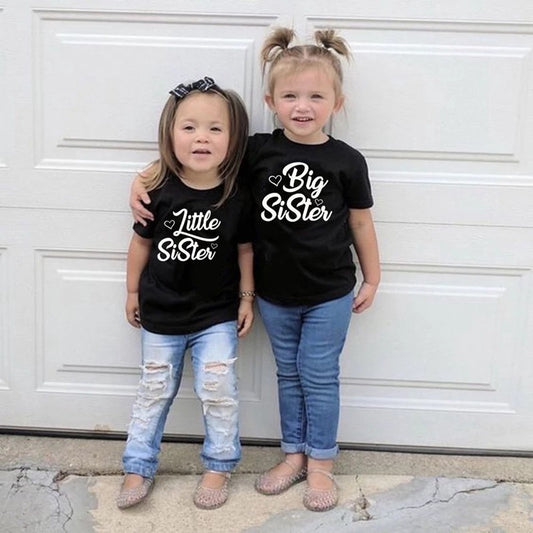 Children Kids Baby Fashion Girls Basic Casual Big Little Sister Print Short Sleeve T-Shirt