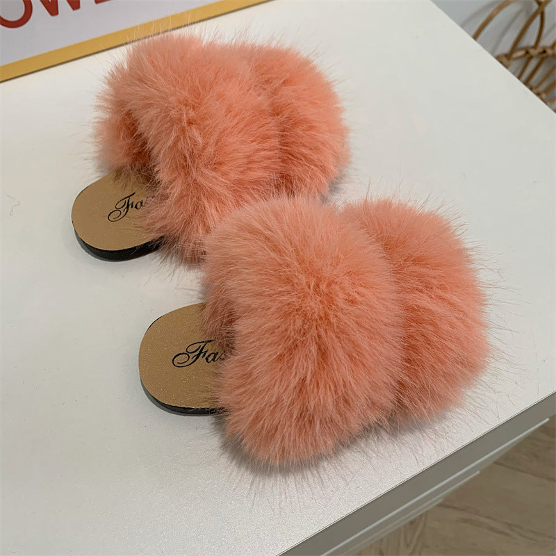 Kids Fashion Warm Non-Slip Soft Bottom Cross Strap Wool Slippers
