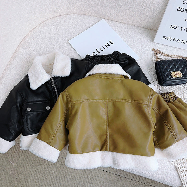 Winter Fashion Two-Piece Plush PU Jacket And Skirt Set