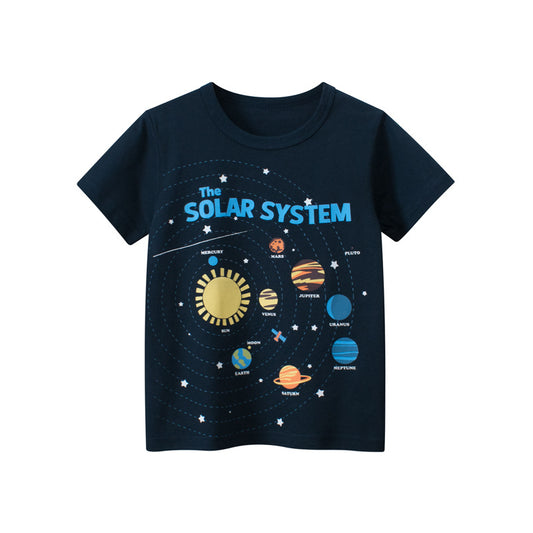 Kids Toddler Boys Casual Cute Cartoon Planet Alphabet Print Short Sleeve Round Neck T-Shirt