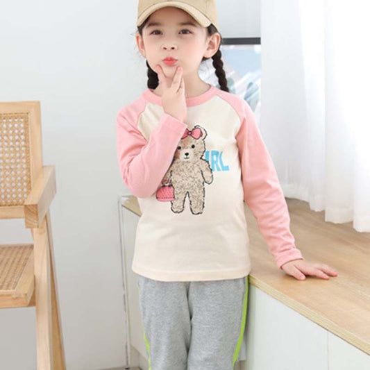 Kids Toddler Big Girls Casual Cute Cartoon Bear Letters Print Long Sleeve Round Neck T-Shirt