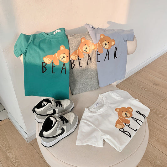Kids Casual Cartoon Bear Letter Pattern Round Neck Short Sleeve Loose T-shirt
