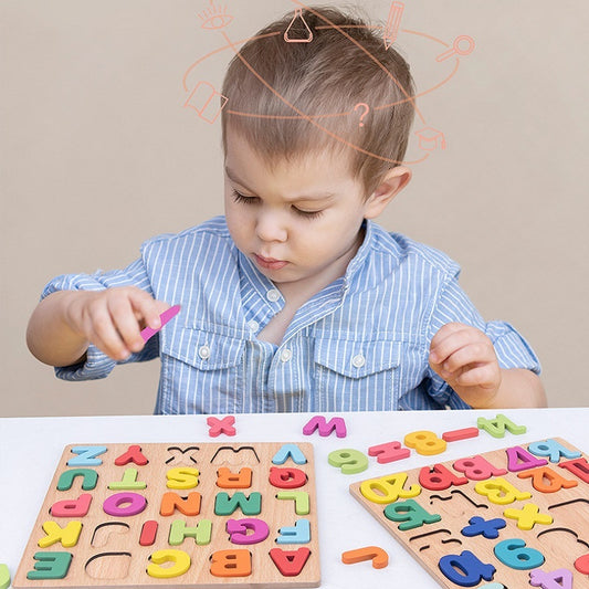 Wooden Board With Colorful Alphabet Number 3D Puzzle Kids Early Educational Toy Matching Letter Family Game
