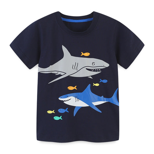 Kids Boys Casual Round Neck Short-sleeved Cartoon Animal Shark Loose T-shirt