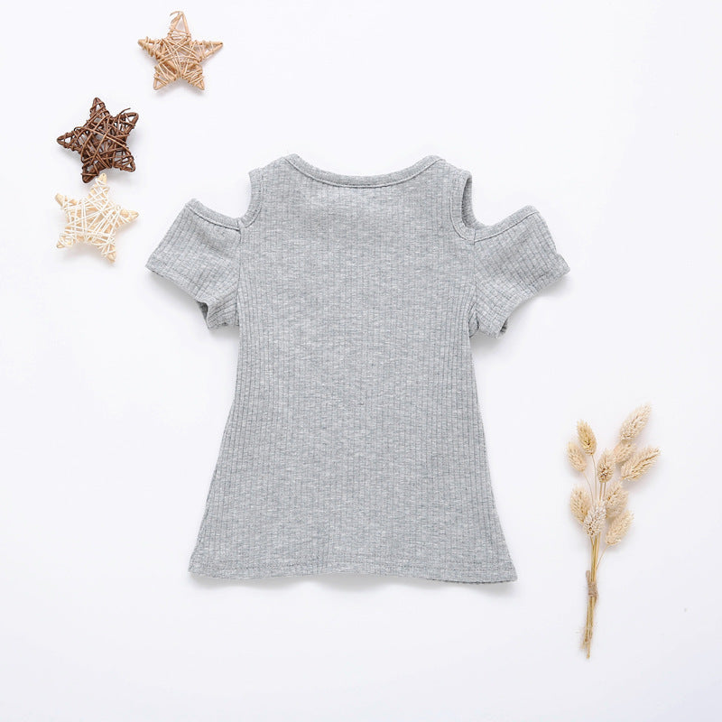 Girls Basic Solid Color Cool-shoulder Round Neck Short Sleeve T-shirt