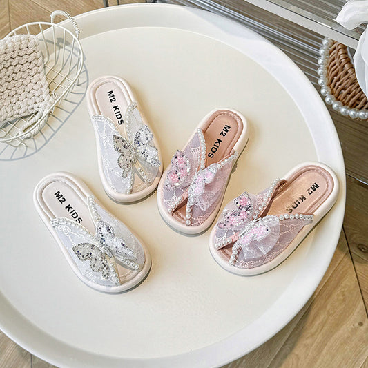 Kids Girls Casual Cute Rhinestone Pearl Bow Flat Thick-Soled Slippers