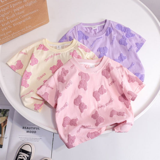 Children Kids Toddlers Girls Short Sleeve Bear Print T-Shirt