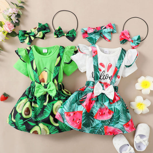 Toddlers Newborn Baby Girls Solid Color Short Sleeves Bodysuit And Fruit Print Strap Skirt Set