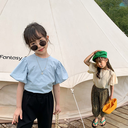 Kids Girls Simple Solid Color Round Neck Puff Sleeve Loose T-shirt