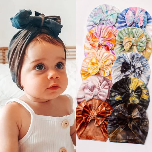 Toddlers Newborn Baby Velvet Tie-Dye Bow Turban Cap