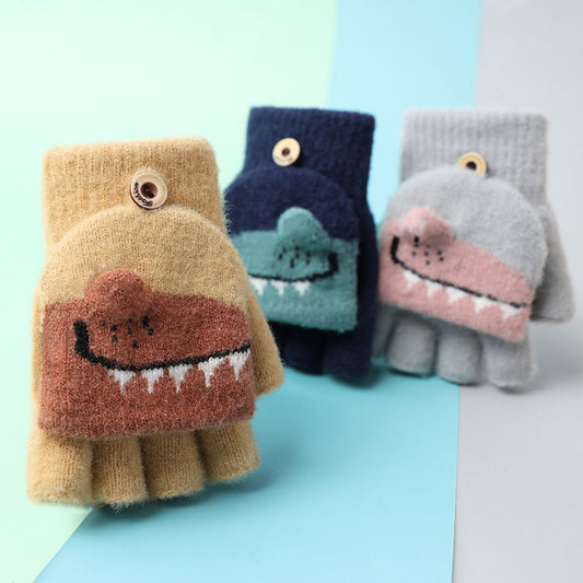 Winter Children Cartoon Half Finger Flap Dinosaur Warm Thickened Half Finger Gloves