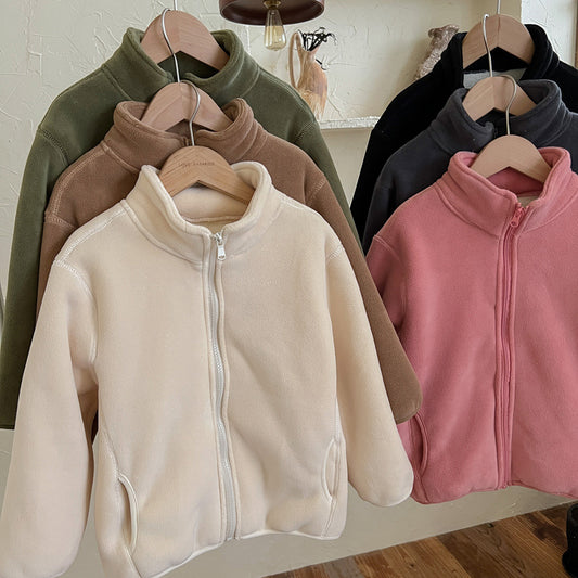 Winter Children Solid Color Fleece-Lined Warm Zipper Coat