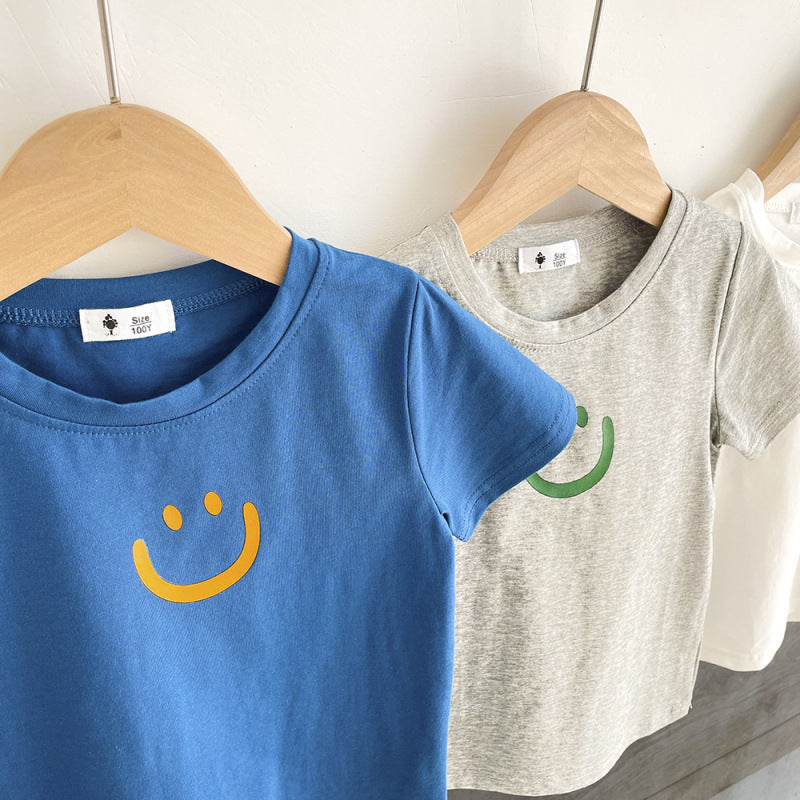Kids Simple Smile Pattern Round Neck Short Sleeve Loose Casual T-shirt