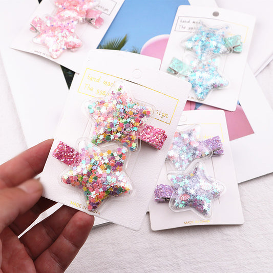 2pcs/set Girls Cute Glitter Star Quicksand Design Hairpin